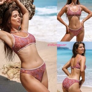 Boho Beach Scoop Neck Low Rise Crochet Trim 2-PC Bikini Set